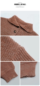 Detail view of lapel collar, buttons, and rib knit texture on the oversized sweater