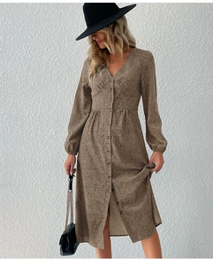 Detail of V-neck button-down leopard print midi dress with elastic lantern sleeves