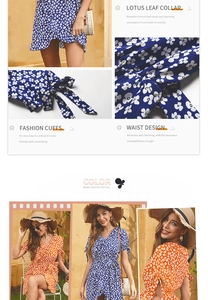 Detalle de vestido floral con cuello en V, cuello de hoja de loto y puños con lazo