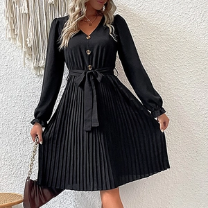 Elegant black V-neck long sleeve pleated dress with waist tie and button details