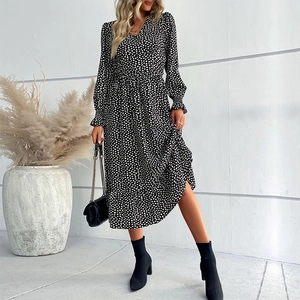 Robe Midi Femme Élégante Col en V à Pois Manches Longues à Volants Taille Haute Ligne A Fête Navette Chic Noir Automne
