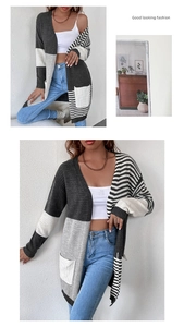 Detailed views of women's long striped patchwork cardigan with pockets and open front design