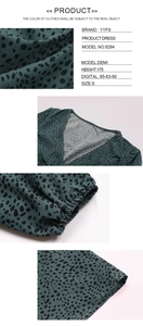 Detail of V-neckline and elastic cuffs on green leopard print A-line dress