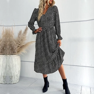 Abito midi a maniche lunghe con scollo a V stile francese, stampa floreale e volant