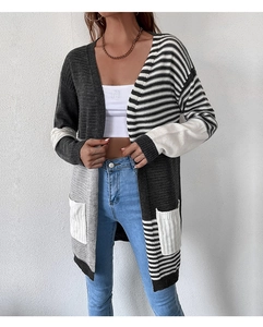 Detailed knit texture of a long color-block striped cardigan with large side pockets