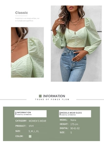 Größentabelle und Details zum hellgrünen Crop-Top mit quadratischem Ausschnitt und Puffärmeln