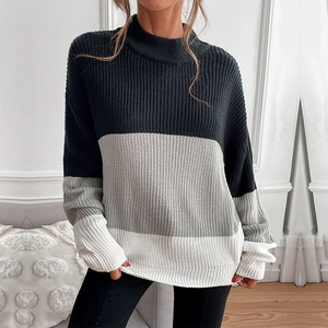 Women's color block knit sweater with ribbed texture in black grey and white shades