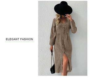 Detail of elegant V-neck leopard print dress featuring button-down waist and slit hemline