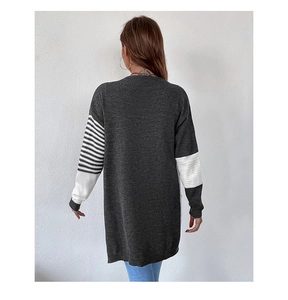 Back view of a long striped patchwork knit cardigan with a loose casual fit