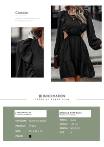 Detailed view of black cut-out dress featuring ruffled hem and textured crepe fabric