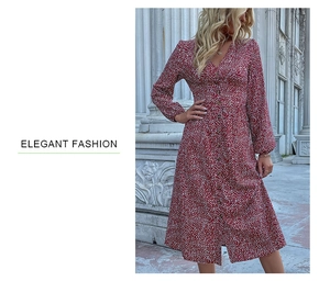 Detail of red floral print maxi dress with V-neckline and button-down front waist
