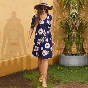 Women V Neck Short Sleeve Floral Geometric Print Button Front A-Line Dress Summer Vacation Casual Pocket Mini Dress