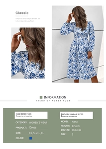 Detailed catalog layout of blue floral square neck dress with sleeve and size details