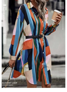 Detail of color-block shirt dress with geometric print and waist belt for women