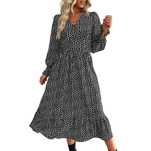 Abito lungo da donna con scollo a V a pois, maniche lunghe, bordo a balze e vita alta