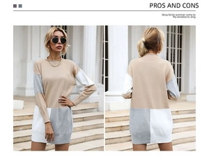 Vue avant et arrière de la robe en tricot avec blocs de couleurs géométriques beige et gris