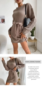 Detail of waffle knit fabric and waist tie on this casual brown long sleeve dress
