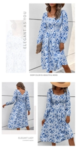 Detailed views of a floral square neck midi dress with lace trim and open back design