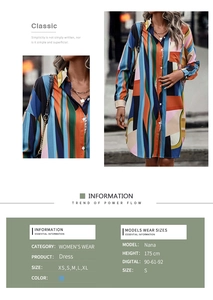 Close-up of color-block shirt dress with lapel and vibrant geometric stripe pattern