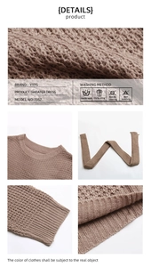 Detailed views of brown sweater dress showing knit texture, crew neck and ribbed cuffs