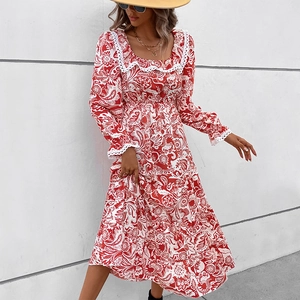 Robe Midi Femme Vintage Imprimé Cachemire Col Carré Manches Longues Bordure Dentelle Blanche Jupe à Volants Ligne A Saint-Valentin