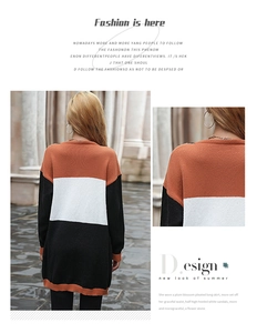 Detail view of tri-color knit texture and V-neckline of this long color-block cardigan