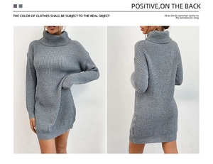 Front and back view of grey rib-knit mini sweater dress with a folded turtleneck design
