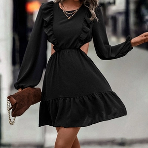 Women Elegant Black Ruffle Cut-Out Mini Dress Sexy Long Sleeve Puff Sleeve Patchwork High Waist Solid Tiered Pullover Dress