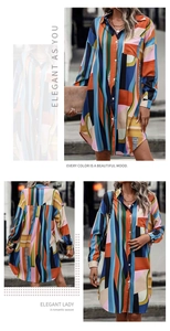 Detailed views showing the front, side, and back of an elegant geometric print midi shirt dress