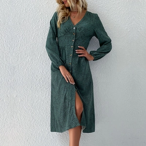 Women V Neck Leopard Print Long Sleeve Midi Dress Single Breasted Slim Fit High Waist Slit Hem Fashion Elegant Shirt Dress