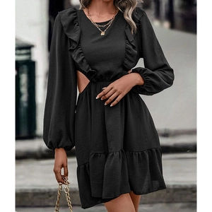 Elegant black long sleeve cut-out dress with ruffle neckline and lantern sleeves for women