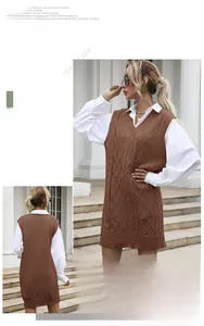 Detail showing brown cable knit sweater vest dress paired with white collared shirt