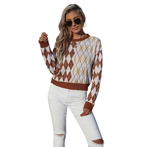 Women's casual long sleeve crewneck sweater featuring a classic argyle knit pattern