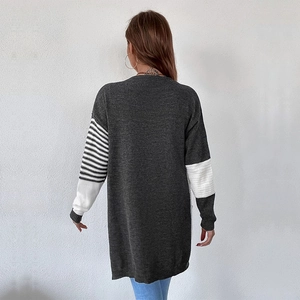 Women's long knit cardigan with contrast striped sleeves and minimalist grey open front