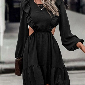 Black long sleeve cutout mini dress with ruffled details and textured fabric for women
