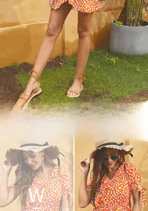 Detalle del vestido floral con cuello en V, mangas con lazo, sombrero de paja y sandalias
