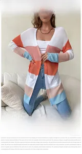 Close-up of orange, pink, and light blue striped knit cardigan with front patch pockets
