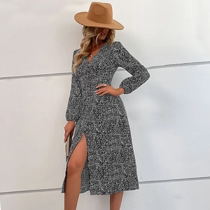Fashionable leopard print button-up midi dress with long sleeves and elegant side slit
