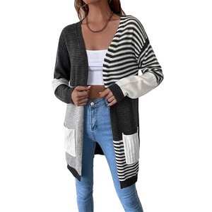 Women's color block striped knit cardigan with long sleeves and open front pockets
