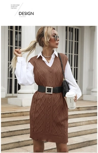 Detail of V-neck knit vest dress with cable pattern texture and ribbed hem finishing
