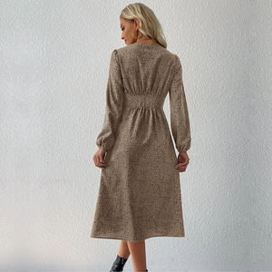 Women's slim-fit leopard print button-down midi dress with waist tie in khaki and black