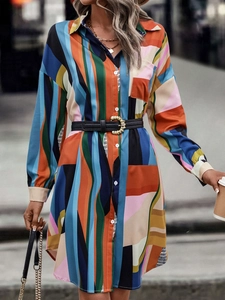 Women Fashion Geometric Print Long Sleeve Midi Shirt Dress With Belt Lapel Button Down Color Block Casual Dress