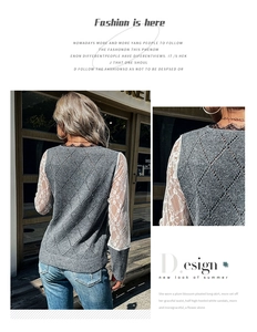 Detail of grey knit sweater showing hollow diamond texture and lace patchwork sleeves