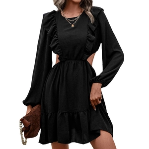 Black long-sleeve cutout dress with ruffles and side waist detail for women