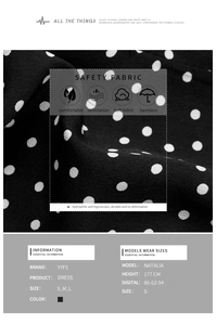 Detailed fabric chart showing breathable black polka dot soft dress material with sizing