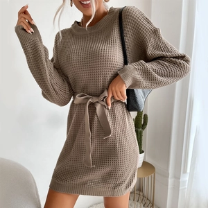 Waffle Knit Sweater Dress For Women Round Neck Long Sleeve Tie Waist Solid Color Autumn Winter Casual Mini Knitted Dress
