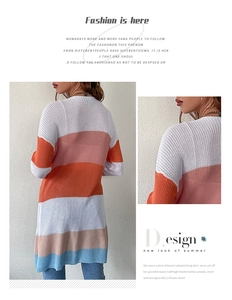 Detailed magazine style collage of striped longline knit cardigan with vibrant colors