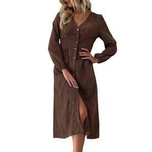 Women's leopard print long sleeve midi dress with V-neckline and button-down front design