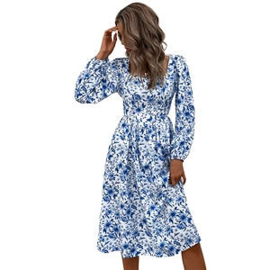 French vintage square neck floral midi dress with puff long sleeves and a slim waistline