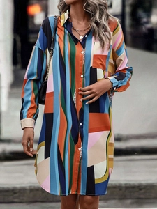 Chic color block shirt dress with lapel collar and long sleeves in urban street style